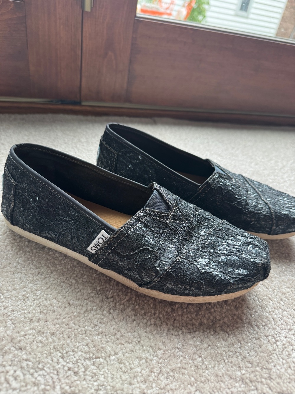 TOMS Black Lace-Overlay Slip-On Flats